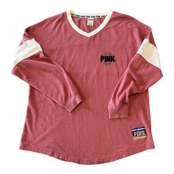 PINK Victoria's Secret Tops - Victoria’s Secret PINK Varsity Long Sleeve Jersey Top Logo Women’s Large